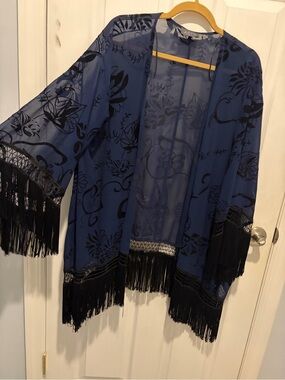 Astr Navy Floral Sheer Fringe-Trim Kimono Cardigan Boho Festival